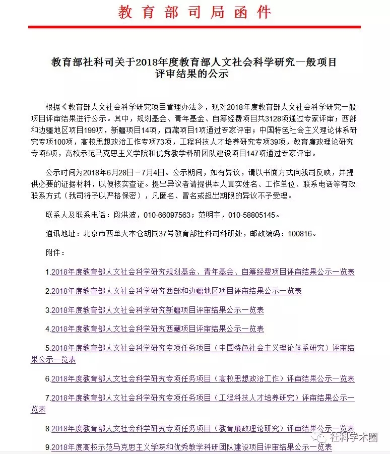 重磅！2018年度教育部人文社會科學研究一般項目評審結果公示！